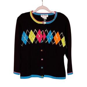Vintage Jack B Quick Argyle Black Pink Green Blue Cardigan Sweater Medium